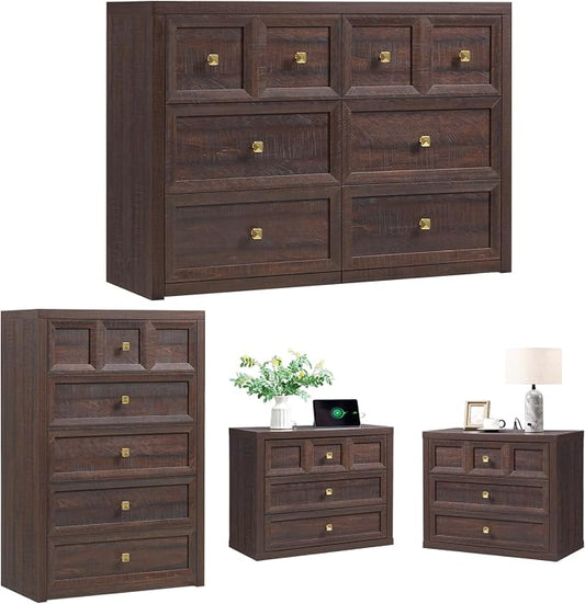 4 Piece Bedroom Set - Includes 6 Drawer Dresser, 5 Drawer Wood Dresser and 3 Drawer King Size Nightstands Set of 2 with Charging Station, 4 Piece Farmhouse Dresser and Nightstand Sets,Brown