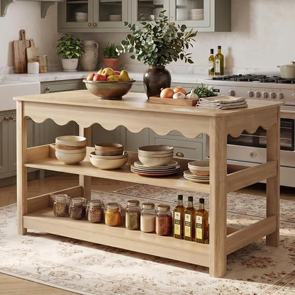 LITTLE TREE 59-Inch Kitchen Island with Seating and Storage, Large Farmhouse Stationary Island Table with Large Worktop, 3-Tier Open Shelves & Leg Room, Light Oak Kitchen Prep Station, Breakfast Bar