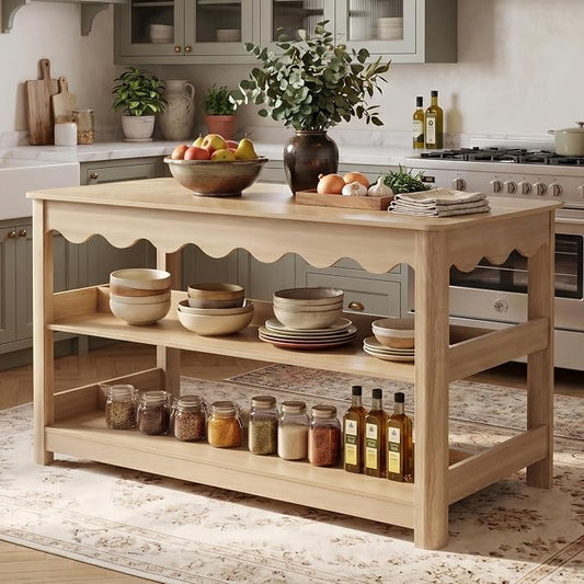LITTLE TREE 59-Inch Kitchen Island with Seating and Storage, Large Farmhouse Stationary Island Table with Large Worktop, 3-Tier Open Shelves & Leg Room, Light Oak Kitchen Prep Station, Breakfast Bar