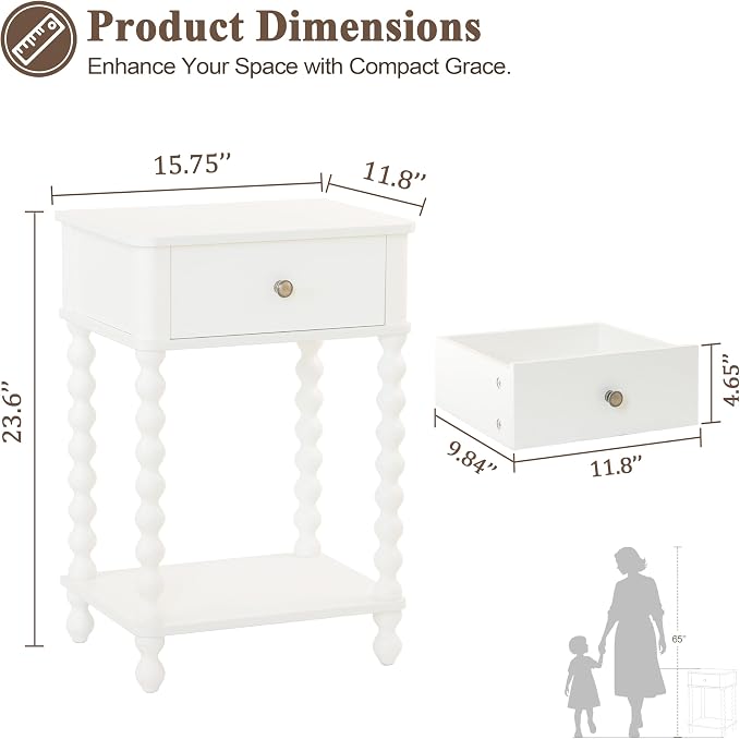 AWASEN White Nightstand, Small Side Table with Drawer for Living Room, Farmhouse End Bedside Table with Spindle Wood Legs for Bedroom, Office, White