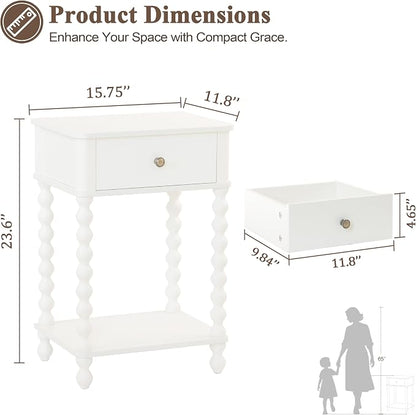 AWASEN White Nightstand, Small Side Table with Drawer for Living Room, Farmhouse End Bedside Table with Spindle Wood Legs for Bedroom, Office, White