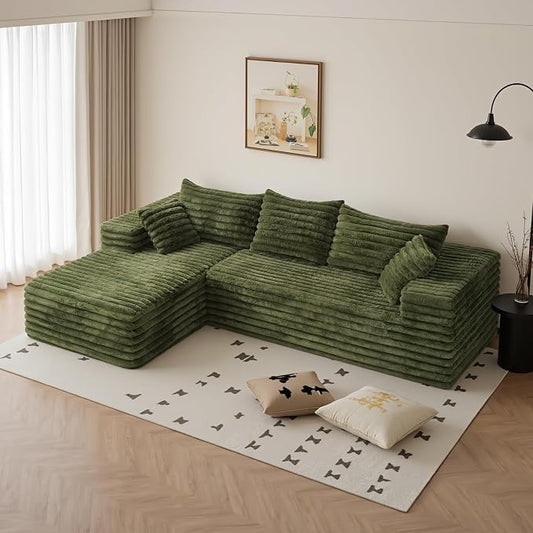 2" Corduroy Boneless Couches for Living Room, L Shape Sofa with Chaise | 102.4" Modular Sectional Sofa, Cloud Couch Sectional with Deep Seat, No Assembly, Green, Left Chaise