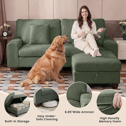 DOPEDIO L-Shaped Sectional Sofa with Storage Ottoman, Modern Chenille Recliner Loveseat, Removable Couch Covers, Pocket Spring Cushions, Solid Wood Frame, Easy to Install (71.25inch, Green)