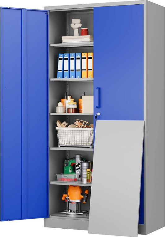 Metal Cabinet with 5 Adjustable Shelves,6 Tier Garage Storage Cabinet with Lock,Gray Blue Metal Storage Cabinet with Locking Doors,Steel Cabinets,71" Lockable Storage Cabinets for Home,Office,Garage
