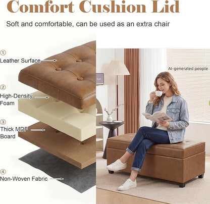 Asense 40" Storage Ottoman Bench, Faux Leather Tufted Upholstered End of Bed Bench with Safety Hinge for Bedroom,Entryway,Living Room,Caramel Brown