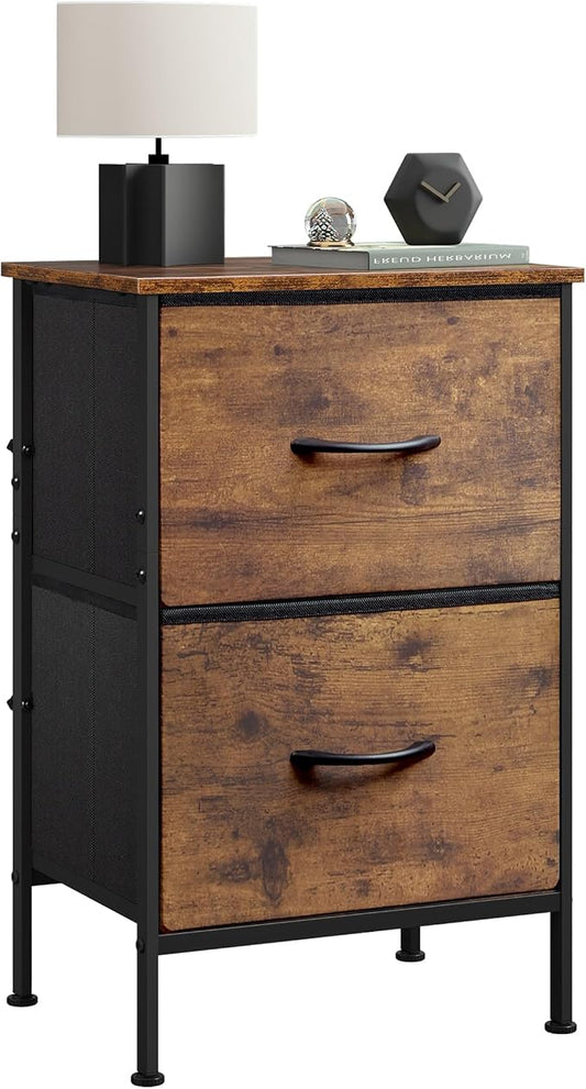 WLIVE Night Stand, Small Dresser with 2 Drawers & Wooden Top, Nightstand with Fabric Bins, Bedside Table End Table for Bedroom, Closet, Entryway, College Dorm, Rustic Brown