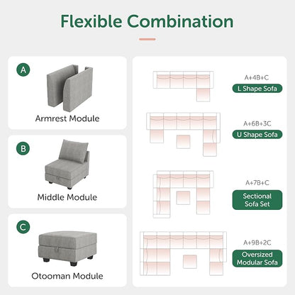 HONBAY Modular Sectional Sofa U Shaped Sectional Modular Sofa with Storage Convertible Sectional Couch for Living Room, Grey