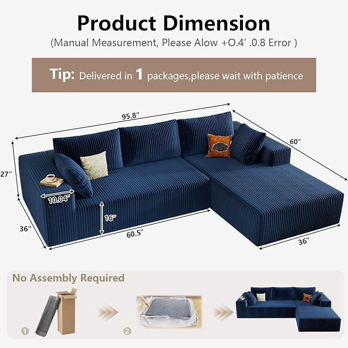 95" Cloud Sectional Couch with L-Shape Chaise, Modular Comfy Sofa Chaise Longue, Upholstered Corduroy Couches Sleeper with Deep Seat for Living Room Bedroom, No Assembly Required(Blue, Right Facing)