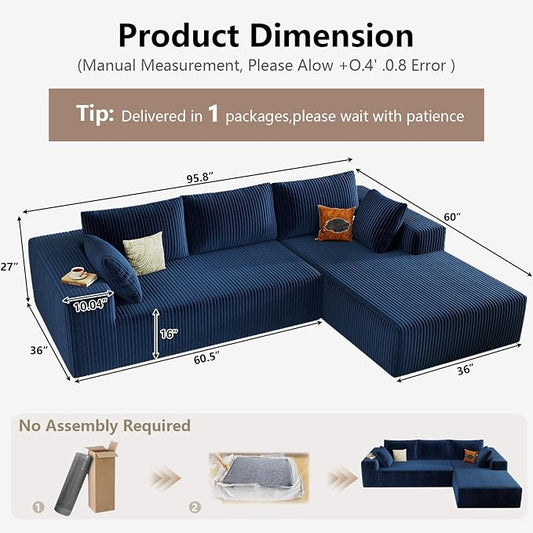 95" Cloud Sectional Couch with L-Shape Chaise, Modular Comfy Sofa Chaise Longue, Upholstered Corduroy Couches Sleeper with Deep Seat for Living Room Bedroom, No Assembly Required(Blue, Right Facing)
