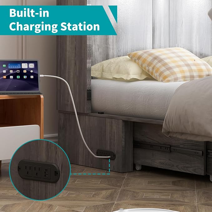 BALUS 57" Width Murphy Bed with Mattress, Full Size Cabinet Bed Frame with USB Charging Station & Large Storage Drawer, Full Murphy Bed, Cabinet Beds for Bedroom/Guest, Dark Grey