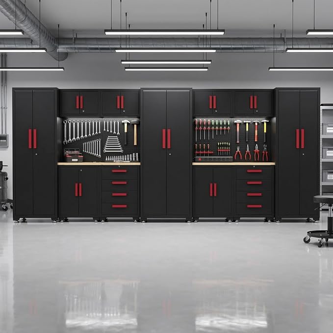 Garage Storage Cabinet System, 13Pcs Garage Cabinets and Storage System Corner Workshop Set with Corner Cabinet, Cabinet Drawers, Workbench, Pegboard for Tool Organization, Black Red