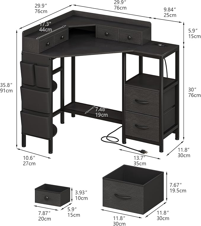 VENNQD Corner Desk with 6 Drawers Shelves for Small Space Computer Desk with Power Outlets,Gaming Desk with Printer Monitor Stand Storage for Home Office Workstation Writing Table (Black, 31.5)