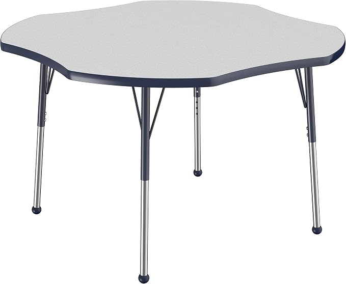 FDP Clover Activity School and Office Table (48 x 48 inch), Standard Legs with Ball Glides for Collaborative Seating Environments, Adjustable Height 19-30 inches - Gray Top and Navy Edge