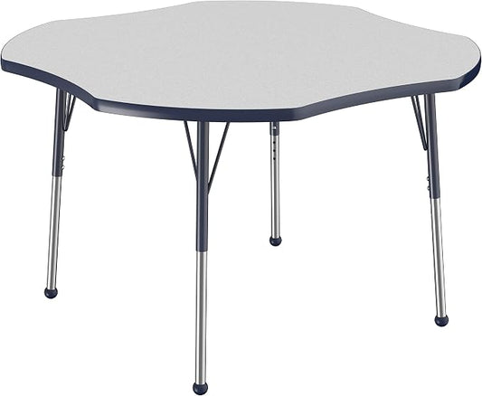 FDP Clover Activity School and Office Table (48 x 48 inch), Standard Legs with Ball Glides for Collaborative Seating Environments, Adjustable Height 19-30 inches - Gray Top and Navy Edge