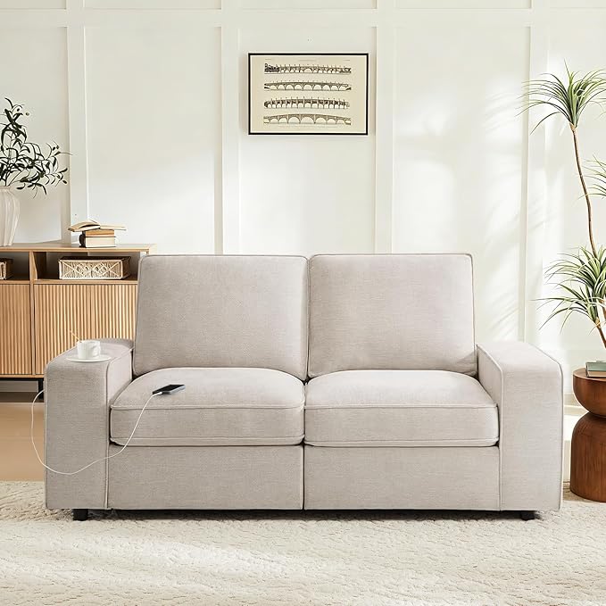 Waxberry 71" Chenille Loveseat Sofa Couch for Living Room with Seat Storage, Modern 2-Seater Deep Seat Sofa with Side Pockets & Type-C/USB Ports, Detachable Backrest for Office, Apartment (Beige)