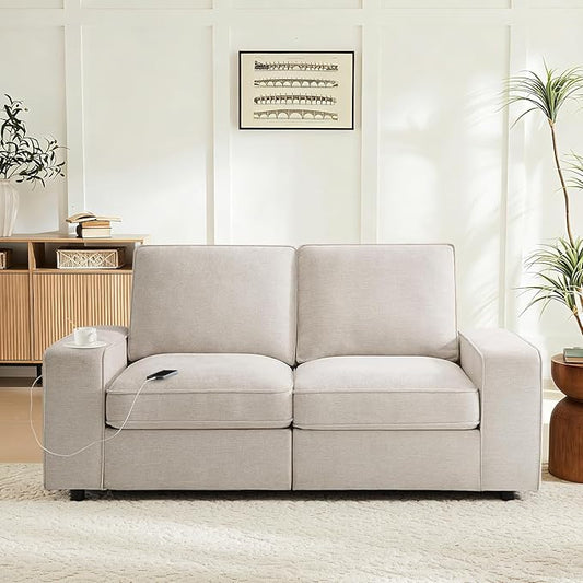 Waxberry 71" Chenille Loveseat Sofa Couch for Living Room with Seat Storage, Modern 2-Seater Deep Seat Sofa with Side Pockets & Type-C/USB Ports, Detachable Backrest for Office, Apartment (Beige)