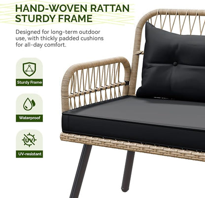YITAHOME L-Shaped Patio Furniture Set, All-Weather Rattan Outdoor Conversation Sofa with Soft Cushions, Ottomans & Plastic Wood Dining Table for Backyard Deck, Light Brown + Black