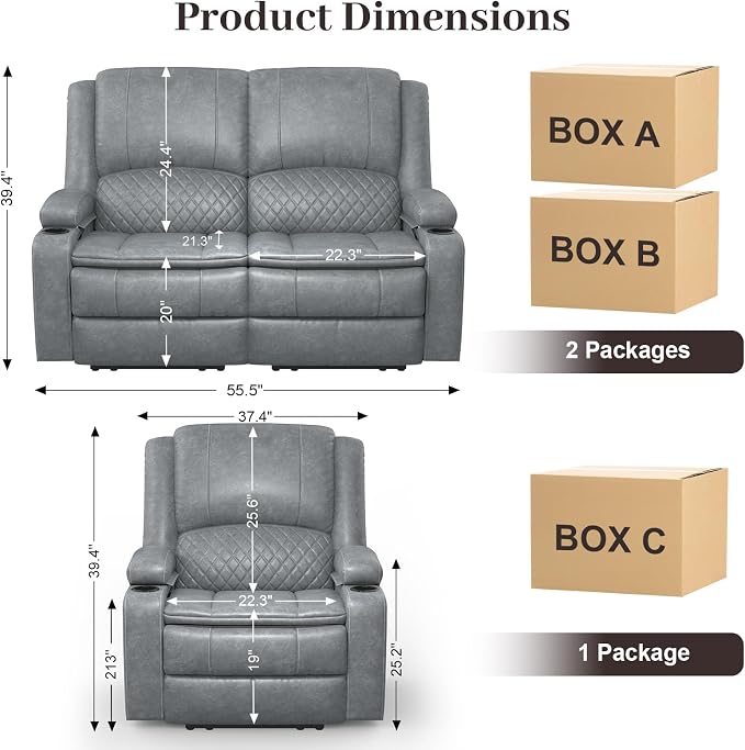 Yolsali Loveseat Recliner Sofa Set with 2-Tier Cushion, 2+1 Pieces in Living Room, 2 Seater Reclining Loveseat Leather with Removable Console, 1 Oversize Recliner Chair Sofa Seat - Gray PU