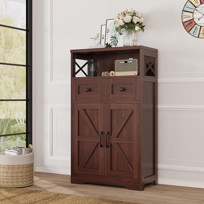 Befrases Set of 2 Dark Brown Storage Cabinet with Drawers and Shelves, Standing Kitchen Pantry Cabinet, Floor Storage Cabinet Hutch Cupboard, Coffee Bar Station for Dining Living Room Home Office