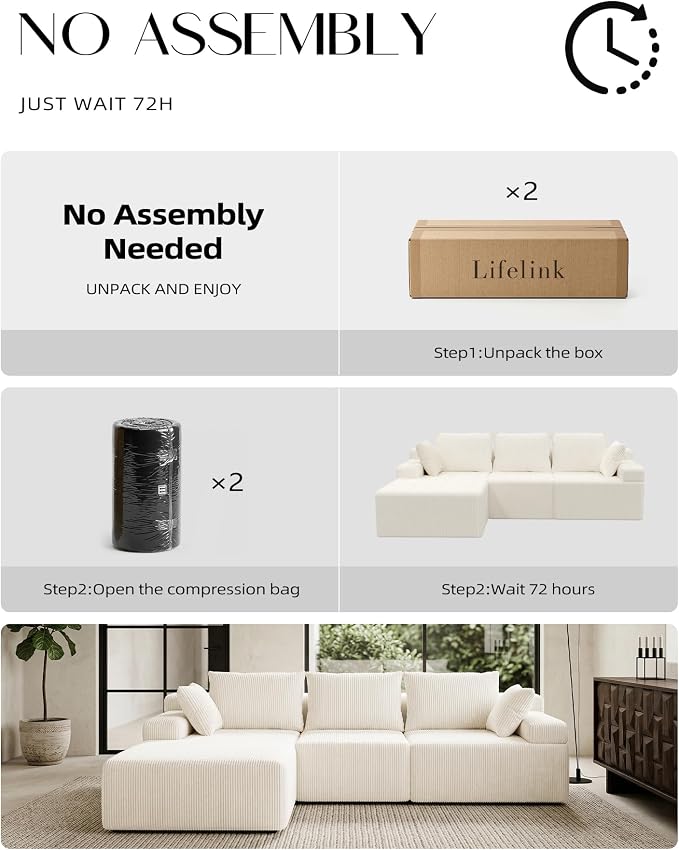 Lifelink 108" Boneless Couch L-Shaped - Modular Sectional Couches for Living Room Cloud Sofa with Deep Seat High Back Oversized Left Facing Chaise No Assembly Required