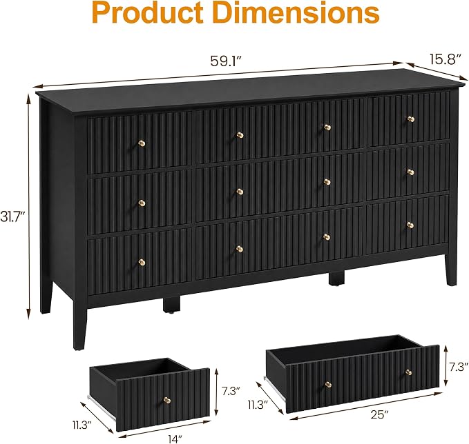RoyalCraft Fluted Dresser for Bedroom with 9 Drawers, 59" Wide Painted Wooden Chest of Drawers, Modern TV Stand Storage Cabinet for Living Room, Hallway, Black