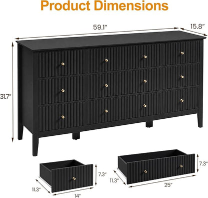 RoyalCraft Fluted Dresser for Bedroom with 9 Drawers, 59" Wide Painted Wooden Chest of Drawers, Modern TV Stand Storage Cabinet for Living Room, Hallway, Black
