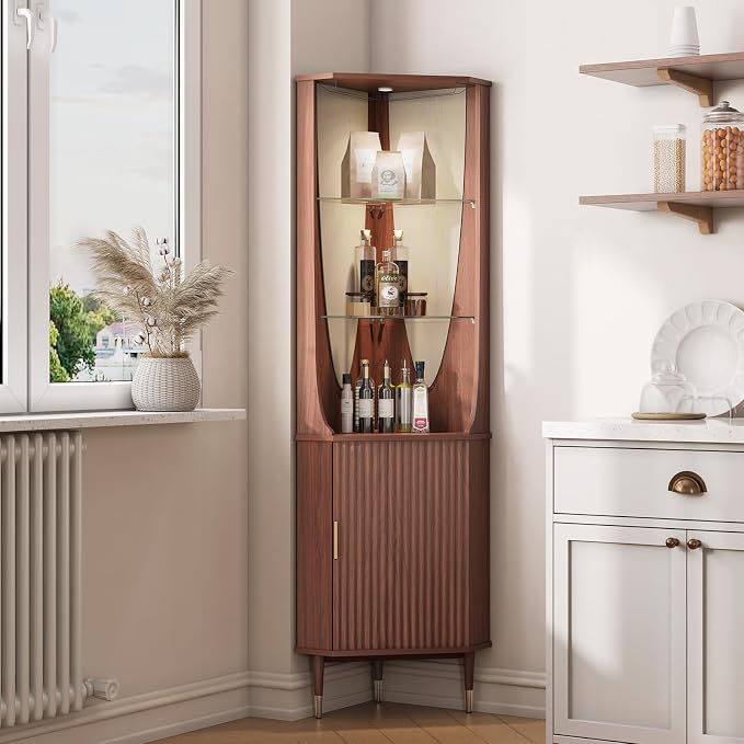 JOINICE Tall Corner Bar Cabinet for Liquor,Mid-Century Modern,Walnut,70" | Fluted Cabinet Door,Glass Shelves,Wine Cabinet for Living Room, Kitchen,Dining Room,Easy Assembly,Fit for Small Apartment