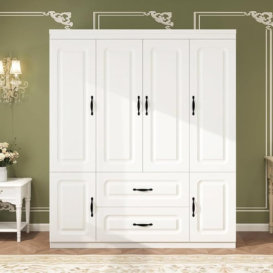Armoire Wardrobe Closet: White Wood Large Bedroom Armoires Wood Wardrobe Cabinet with 4 Door 2 Drawers Tall Closet with Shelves and 2 Hanging Rail Room