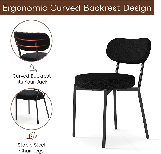 KROFEM Set of 2 Boucle Fabric Dining Chairs,Black | Mid-Century Style Comfort Sponge Filled Seat Back Dining Room Chairs for Kitchen Dining Table