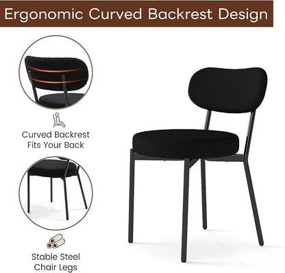 KROFEM Set of 2 Boucle Fabric Dining Chairs,Black | Mid-Century Style Comfort Sponge Filled Seat Back Dining Room Chairs for Kitchen Dining Table