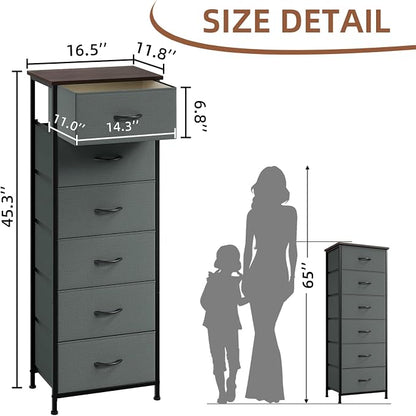 Somdot Tall Dresser for Bedroom with 6 Drawers, Storage Organizer Chest of Drawers with Removable Fabric Bins for Closet Bedside Living Room Laundry Entryway Hallway, Charcoal Grey
