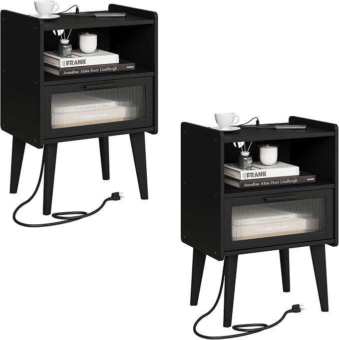 MMEOLUOOK Nightstand with Charging Station, Bedside Tables Set of 2, End Table Side Table with 2 Tiers Storage Space, for Bedroom, Living Room, Black MLBZ07BEV-2