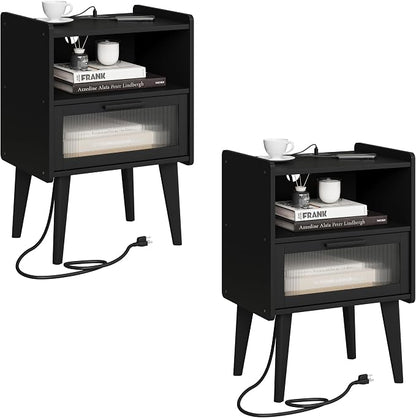 MMEOLUOOK Nightstand with Charging Station, Bedside Tables Set of 2, End Table Side Table with 2 Tiers Storage Space, for Bedroom, Living Room, Black MLBZ07BEV-2
