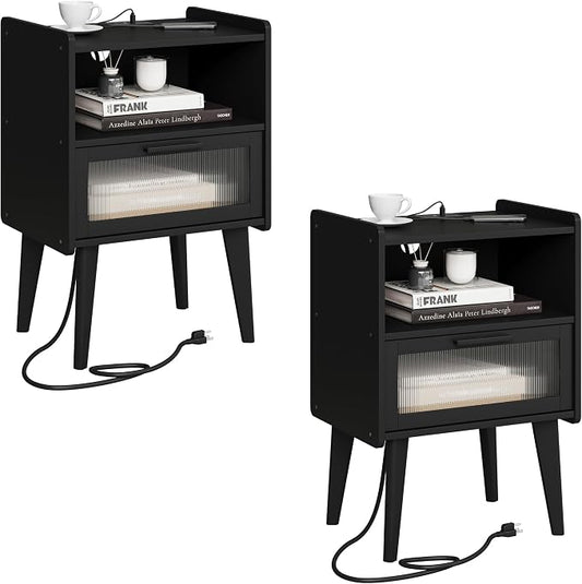 MMEOLUOOK Nightstand with Charging Station, Bedside Tables Set of 2, End Table Side Table with 2 Tiers Storage Space, for Bedroom, Living Room, Black MLBZ07BEV-2