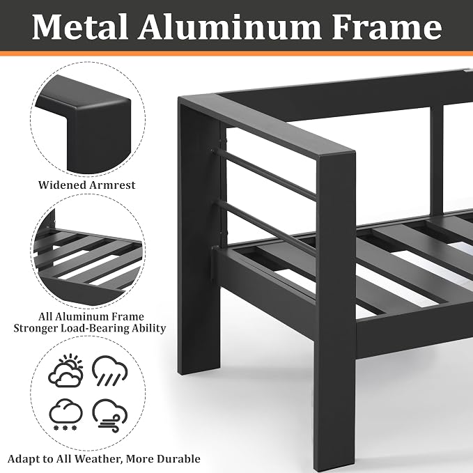 Kiss the Water 3 Seats Aluminum Outdoor Patio Sofa Set, All Weather Rust-Proof Metal Patio Couch, Modern Outdoor Furniture for Backyard Porch Garden, 5" Thick Waterproof Olefin Cushions, Light Grey