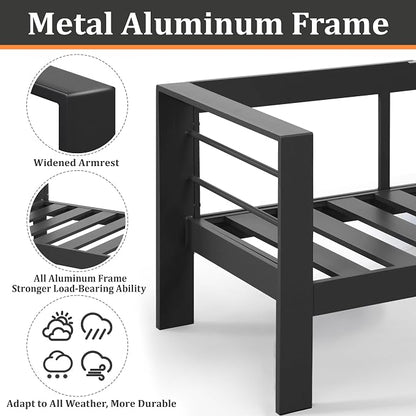 Kiss the Water 3 Seats Aluminum Outdoor Patio Sofa Set, All Weather Rust-Proof Metal Patio Couch, Modern Outdoor Furniture for Backyard Porch Garden, 5" Thick Waterproof Olefin Cushions, Light Grey