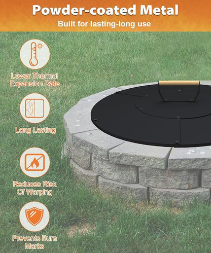 24" Wooden-Handle Fire Pit Lid for Pits up to 22", Round Metal Bonfire Pit Burner Pan Cover, Smokeless Fire Pit Cover for Fire Tables, All-Weather Resistance Outdoor Firepit Accessory