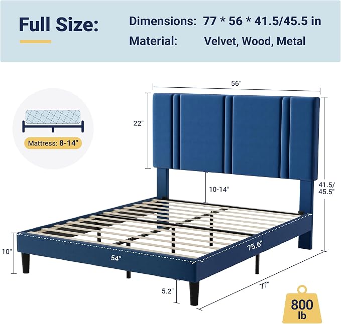 Allewie Full Size Platform Bed Frame with Adjustable Headboard, Plush Velvet Upholstered, Vertical Channel Tufted, Sturdy Wooden Slats, No Box Spring Needed, Easy Assembly, Blue