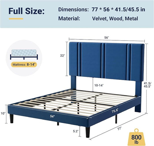 Allewie Full Size Platform Bed Frame with Adjustable Headboard, Plush Velvet Upholstered, Vertical Channel Tufted, Sturdy Wooden Slats, No Box Spring Needed, Easy Assembly, Blue