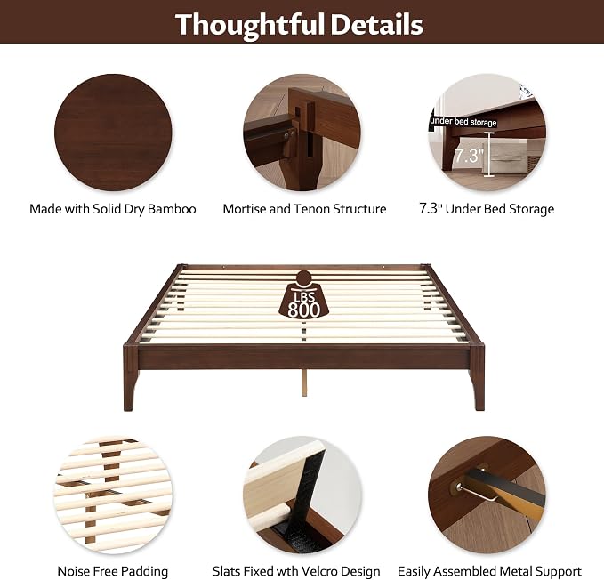 Merax King Size Solid Dry Bamboo Wood Platform Bed | Mid-Century Modern Bed Frame with Wood Slat Support, No Box Spring Needed, Easy Tool-Free Assembly, Chocolate