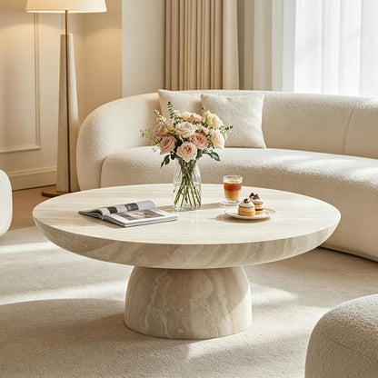 35.43" Round Marble Coffee Table, Modern Pedestal Coffee Table Faux Stone Drum Center Table with Base, Accent Concrete Side End Table for Living Room Apartment Home Office