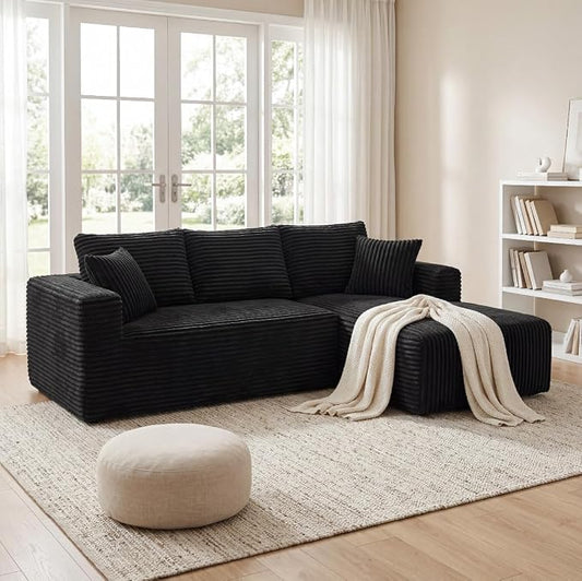 92.5" Modular Sectional Sofa, L-Shaped Cloud Couch with Deep Seats & Chaise, Convertible 4-in-1 Corduroy Boneless Couches for Living Room, Bedroom, No Need Assembly - Black(Right Facing Chaise)