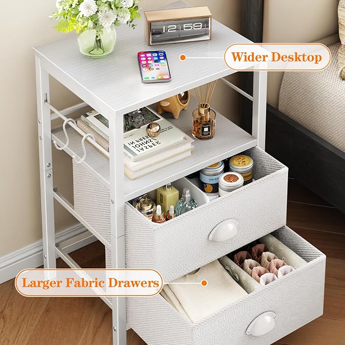 Furologee Nightstand Bedside Table with 2 Fabric Drawers, White Side Table with 2-Tier Shelf, Night Stand with Hooks, for Bedroom, Living Room, Backboard Design, Wooden Top, Metal Frame, White