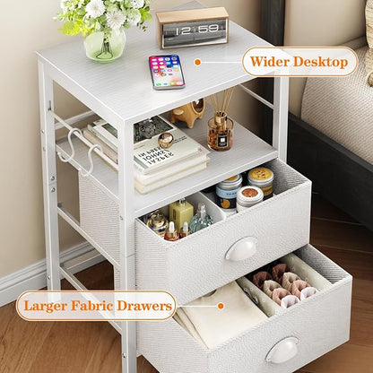 Furologee Nightstand Bedside Table with 2 Fabric Drawers, White Side Table with 2-Tier Shelf, Night Stand with Hooks, for Bedroom, Living Room, Backboard Design, Wooden Top, Metal Frame, White