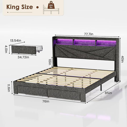 Driftalia LED King Size Bed Frame with 2 Storage Drawers, Upholstered King Bed Frame with Headboard and Charging Station, No Box Spring Needed, Easy to Assembly-Dark Grey