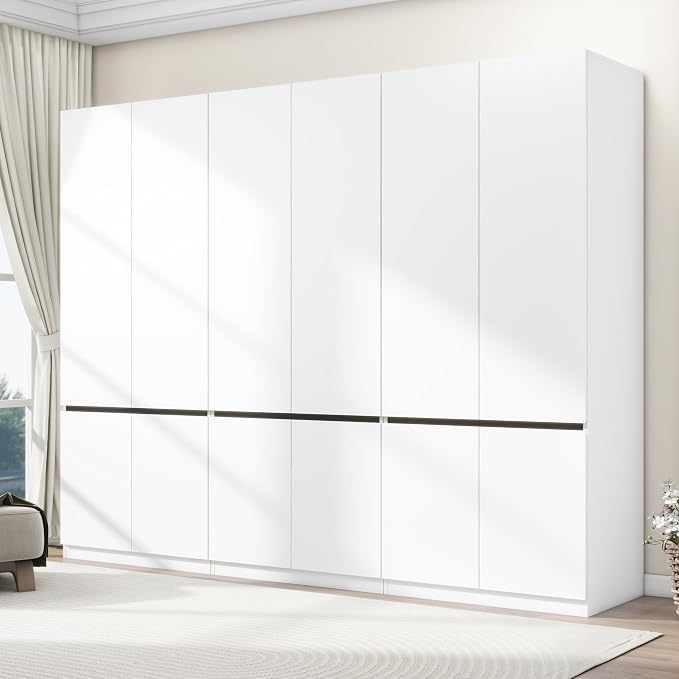 Bedroom Armoire Wardrobe Closet with 6 Doors: 75" White Wardrobe Cabinet for Clothes, Wooden Closet with Hanging Rod, Modern Armoire with Shelves (3)