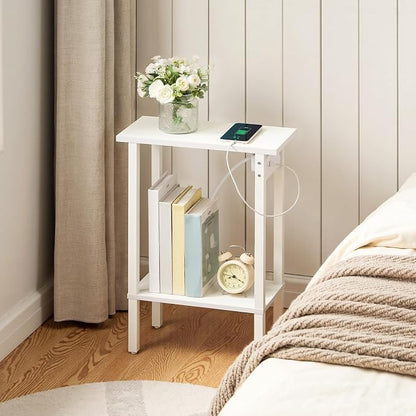 HOOBRO Narrow Side Table, 2-Tier Slim End Table with Charging Station, Skinny Nightstand with Open Storage, for Small Spaces, Living Room, Bedroom, Study, White WT240UBZ01