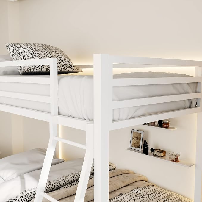 ikalido Metal Loft Bunk Bed Twin Over Twin Size with Ladder, Cream White | Safety Guardrail,No Box Spring Needed, Space Saving Bedroom Furniture