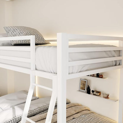ikalido Metal Loft Bunk Bed Twin Over Twin Size with Ladder, Cream White | Safety Guardrail,No Box Spring Needed, Space Saving Bedroom Furniture