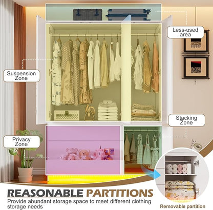 PAKASEPT 3 Doors Armoire Wardrobe Closet, 72.83" H Bedroom Armoires | Clothing Storage Cabinet with Mirror & Lights, 3 Drawers, Hanging Rod & Shelves for Bedroom
